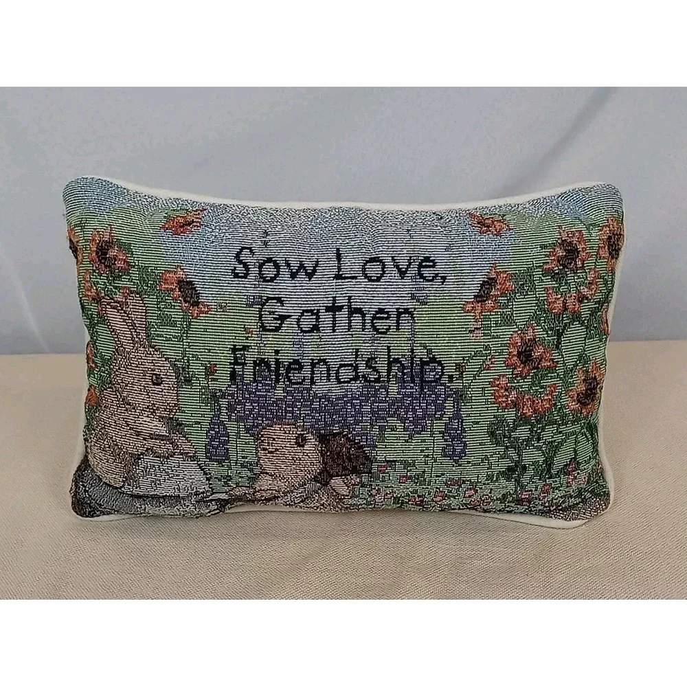 VTG Garden Tapestry Throw Pillow Sow Love Gather Friendship Floral Bunny Rabbit